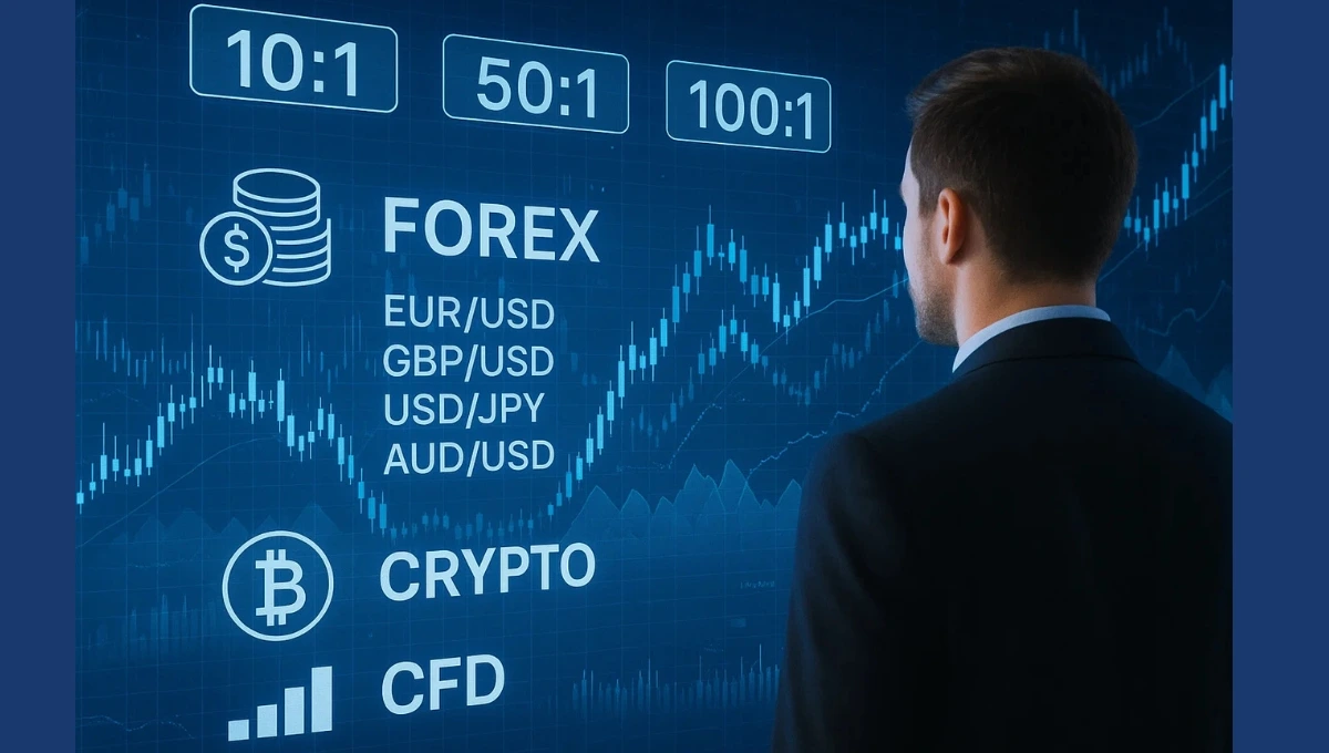 Trader analyzing leverage options on digital screen with global markets