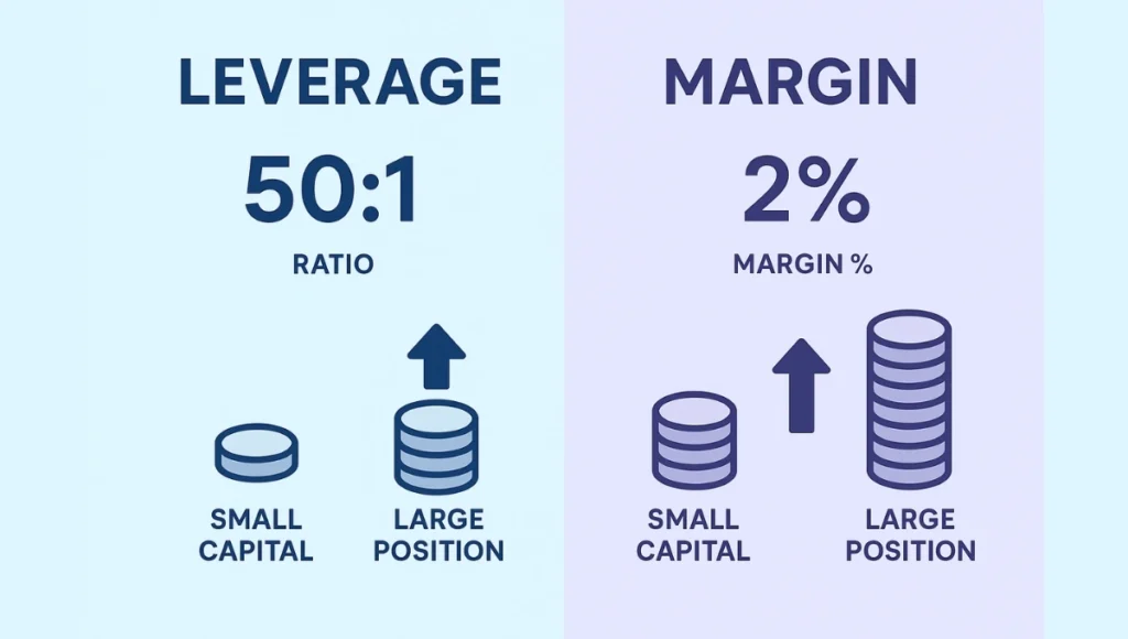 Infographic comparing leverage and margin with examples