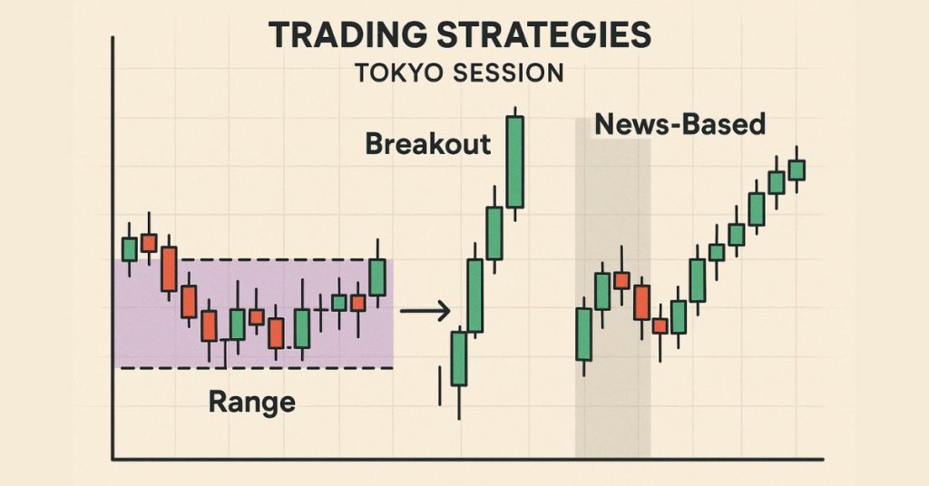 Forex trading strategies infographic for Tokyo session – breakout, range, news-based