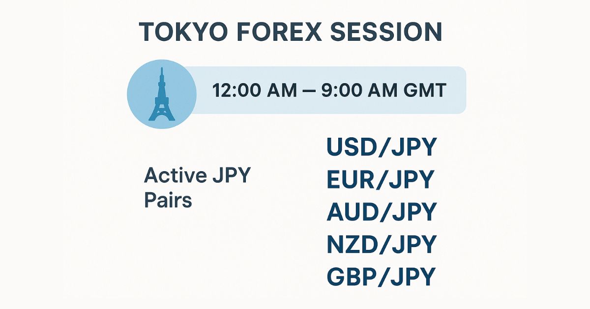 Tokyo forex session trading guide infographic 2025 showing session hours and JPY pairs