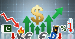 Graphic showing global currencies depreciating against USD with inflation and rate symbols