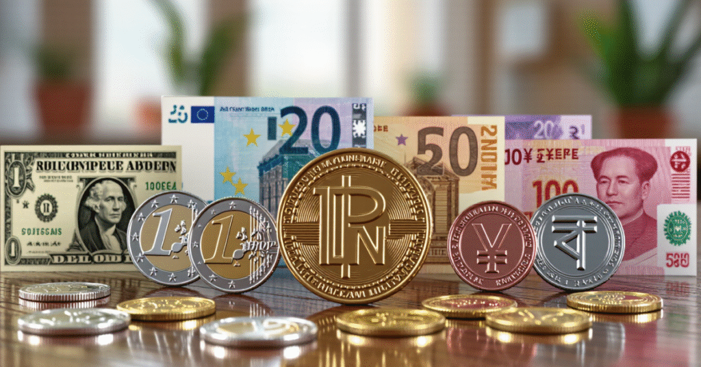 Kuwaiti Dinar KWD as the world’s most valuable currency with global currencies background