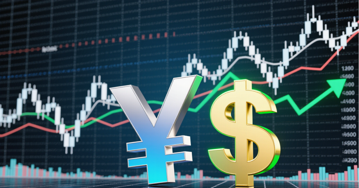 Depiction of weak Japanese Yen versus strong U.S. dollar with forex chart background
