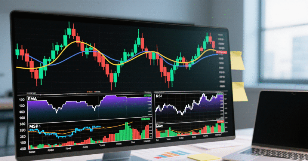 Trading chart showing EMA, RSI, and MACD indicators for day trading
