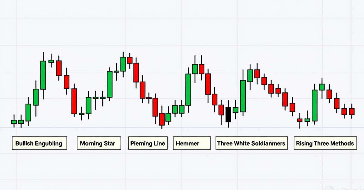 Side-by-side comparison of common bullish candlestick patterns with real-chart examples.
