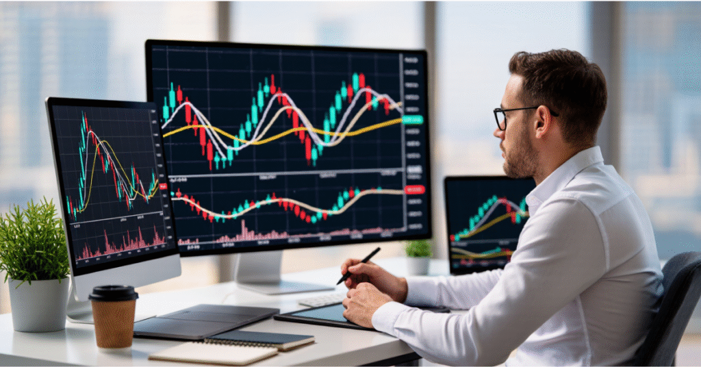Infographic presenting major stock chart patterns like head and shoulders, triangles, and flags.