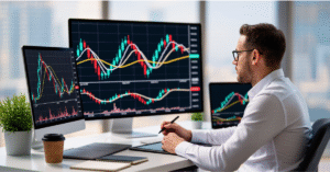 Infographic presenting major stock chart patterns like head and shoulders, triangles, and flags.