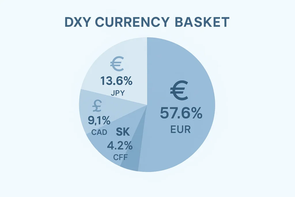 Infographic showing the DXY currency basket with weights for EUR, JPY, GBP, CAD, SEK, and CHF.