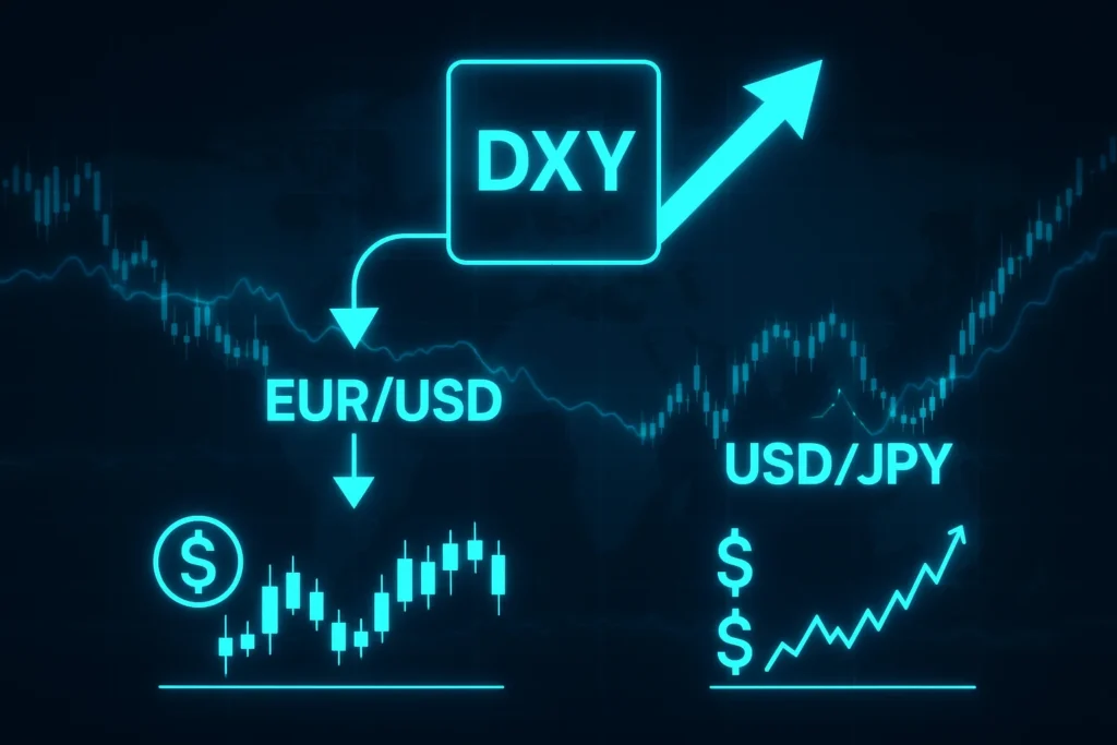 Infographic showing how rising or falling DXY affects major forex pairs like EUR/USD and USD/JPY.