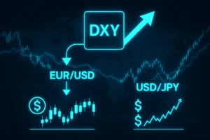 Infographic showing how rising or falling DXY affects major forex pairs like EUR/USD and USD/JPY.