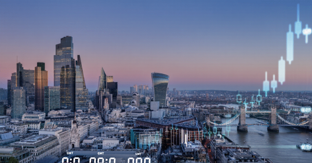 London skyline with forex trading chart and clock showing 8:00 AM GMT.