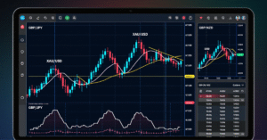 Forex trading screen showing volatile pairs like GBP/JPY, GBP/NZD, and XAU/USD.