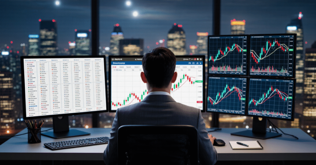 Forex trader analyzing live news and price volatility in the forex market.