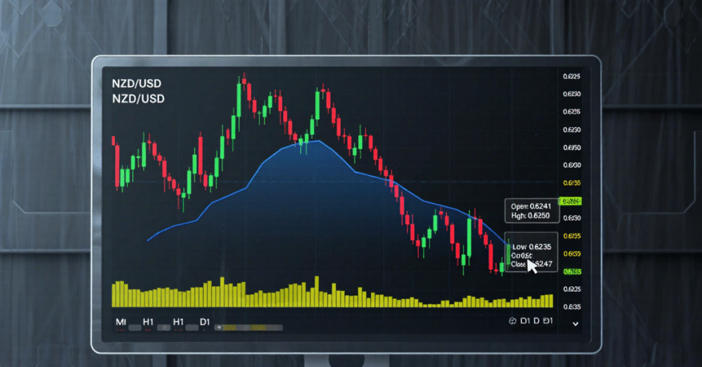 NZD/USD forex chart showing New Zealand Dollar and US Dollar trend movement.