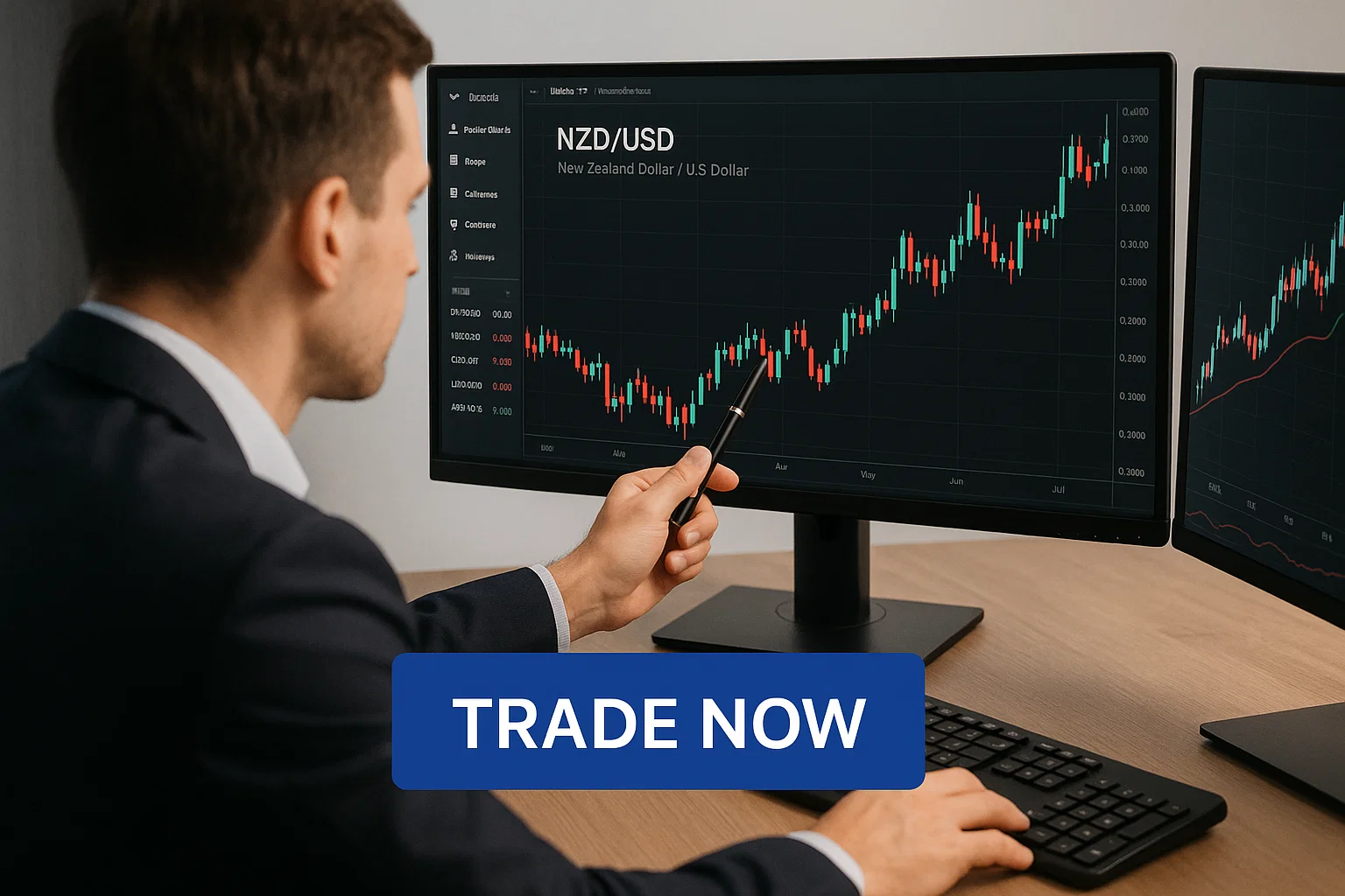 Trader analyzing NZD/USD pair during active session with Defcofx platform interface