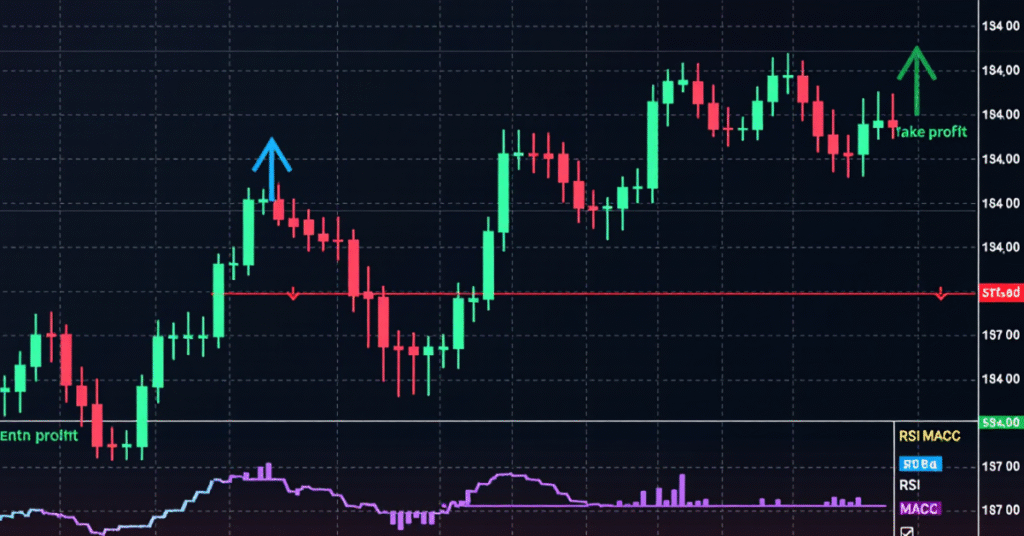 Example trading setup for Three White Soldiers with entry, stop-loss, and target levels