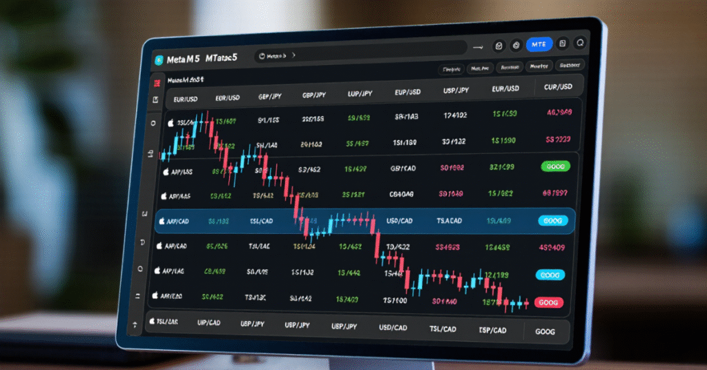 Forex trading watchlist dashboard showing MT5 platform with live asset prices.