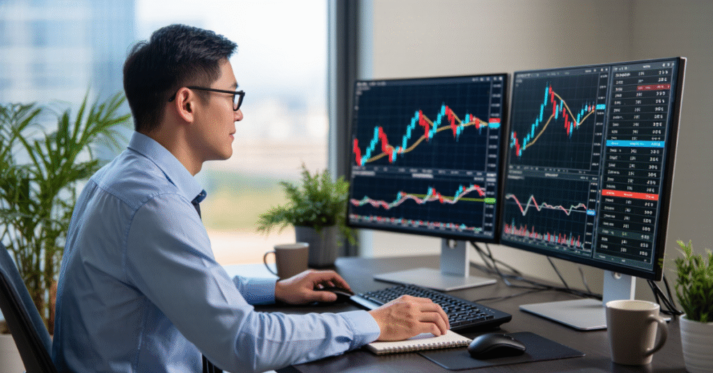 Trader using alerts and charts to manage a forex watchlist effectively.