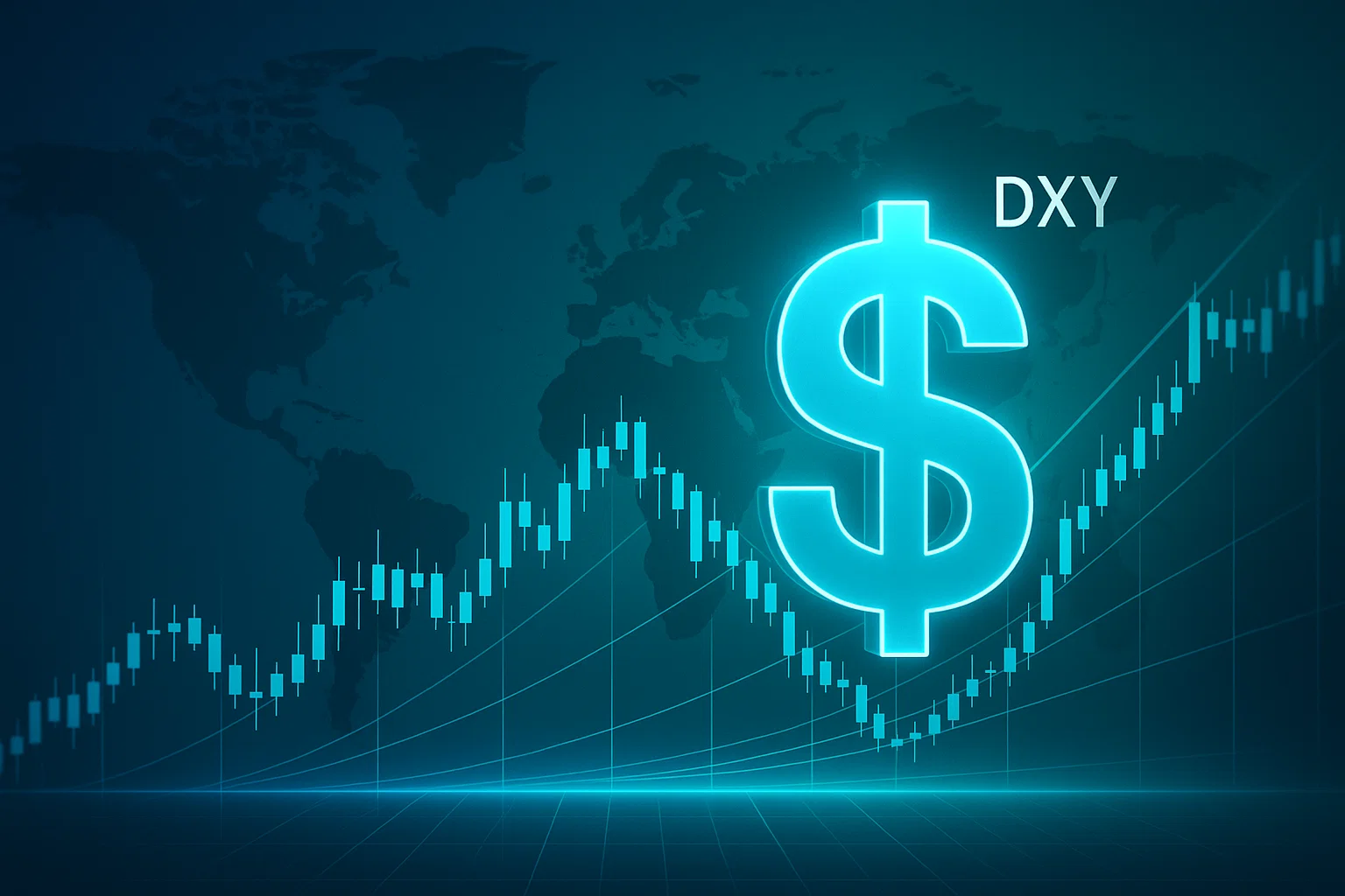a digital U.S. Dollar Index (DXY) chart with glowing USD symbol and forex candlesticks.