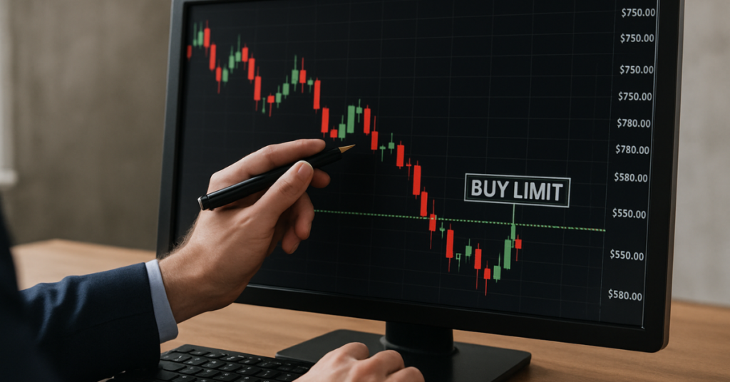 Forex trader placing a buy limit order below market price