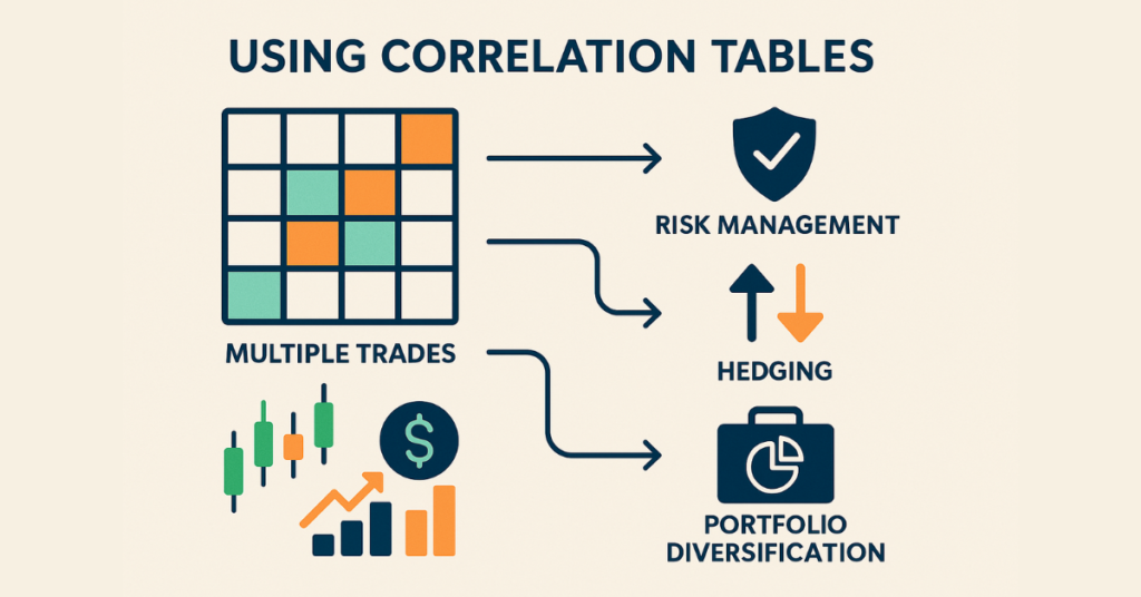 Infographic showing how currency correlation tables are applied in trading strategies