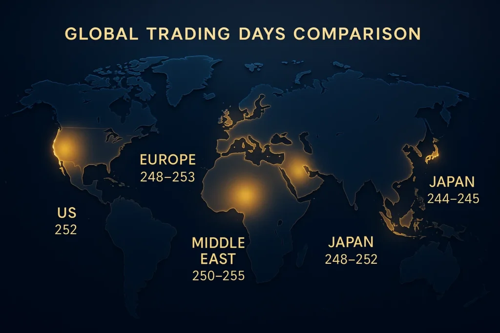 World map comparing annual trading days across global markets.