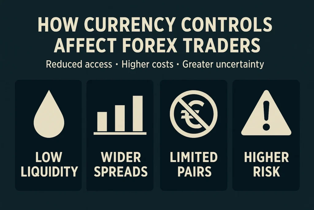 Infographic showing low liquidity, wider spreads, limited pairs, and higher risk caused by currency controls