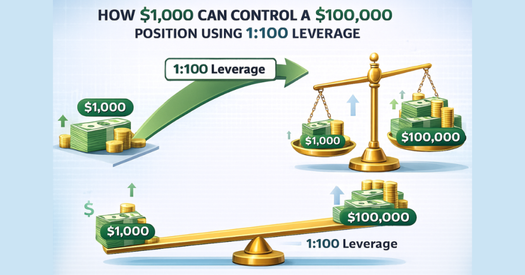 Forex trader using 1:100 leverage to control larger positions
