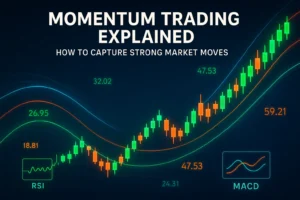 Hero image showing candlestick charts, indicators, and digital momentum lines representing fast, directional trading.