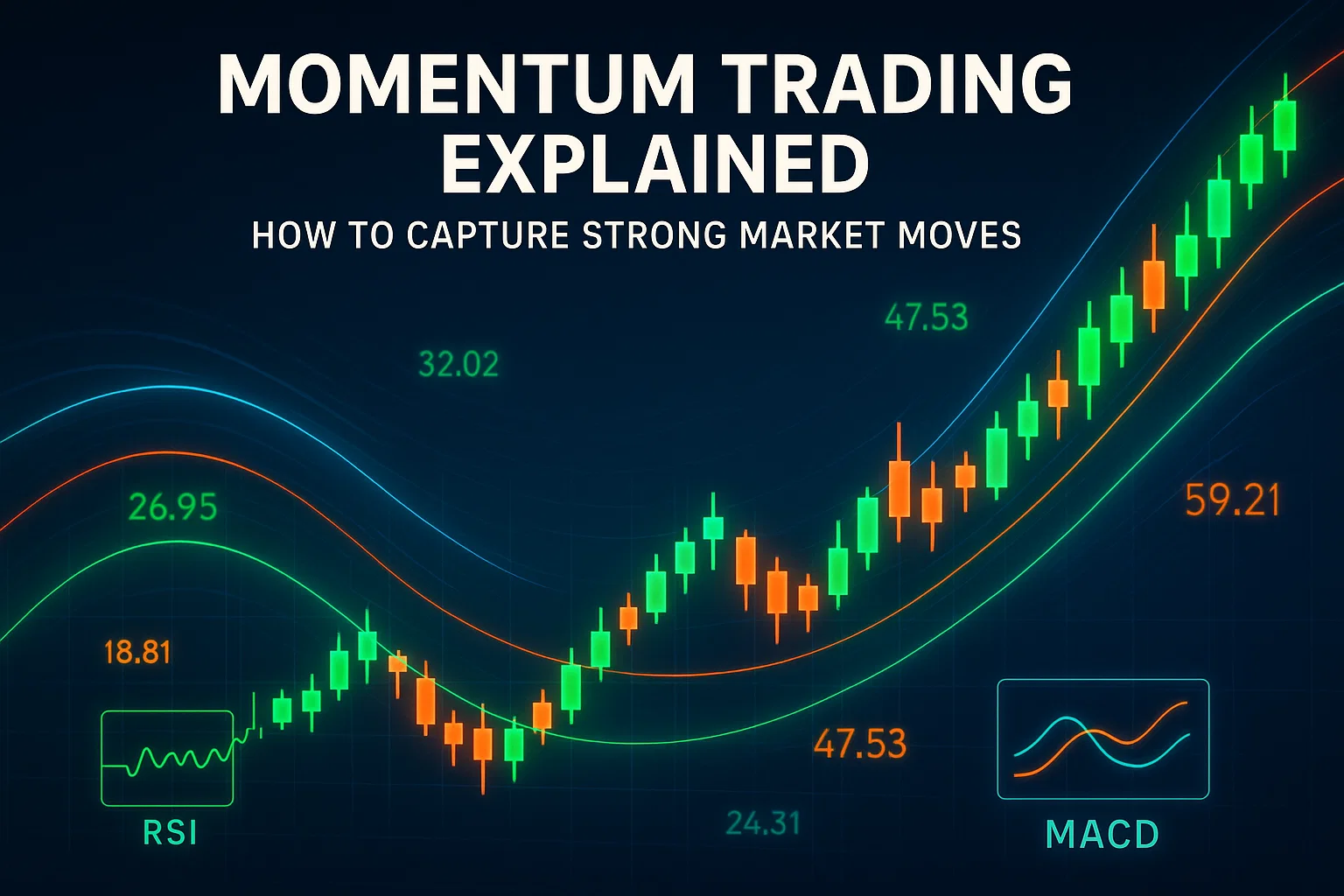 Hero image showing candlestick charts, indicators, and digital momentum lines representing fast, directional trading.