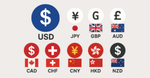 Illustration of top 10 most traded currencies with flags and symbols