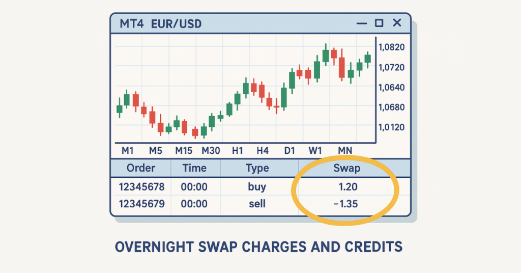 MT4 chart showing swap charges and credits for overnight positions