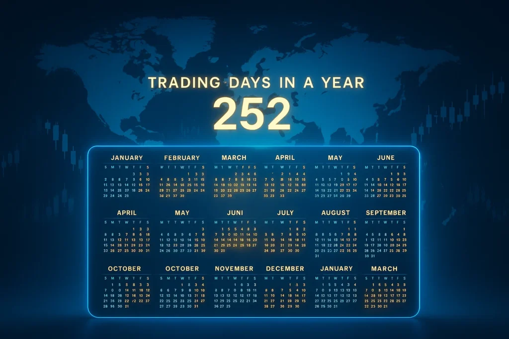 Stock market calendar showing 252 trading days per year.