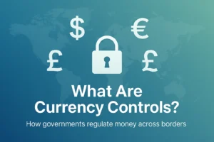 Currency controls illustration showing major currency symbols and a lock over a world map
