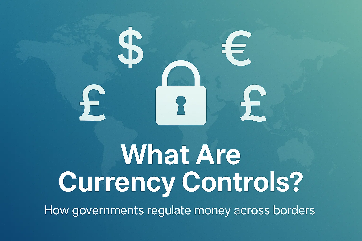 Currency controls illustration showing major currency symbols and a lock over a world map