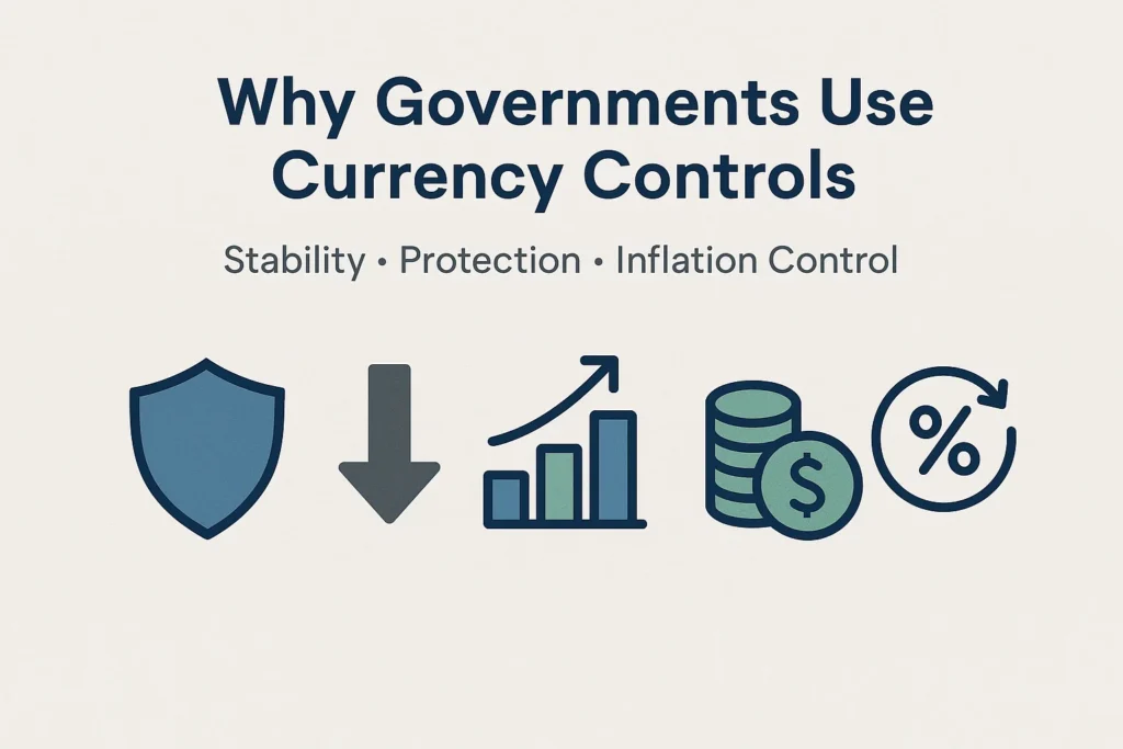 Infographic showing stability, protection, growth, and inflation control as reasons for currency controls