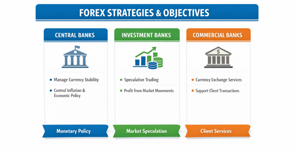 Central, investment, and commercial banks’ forex activities