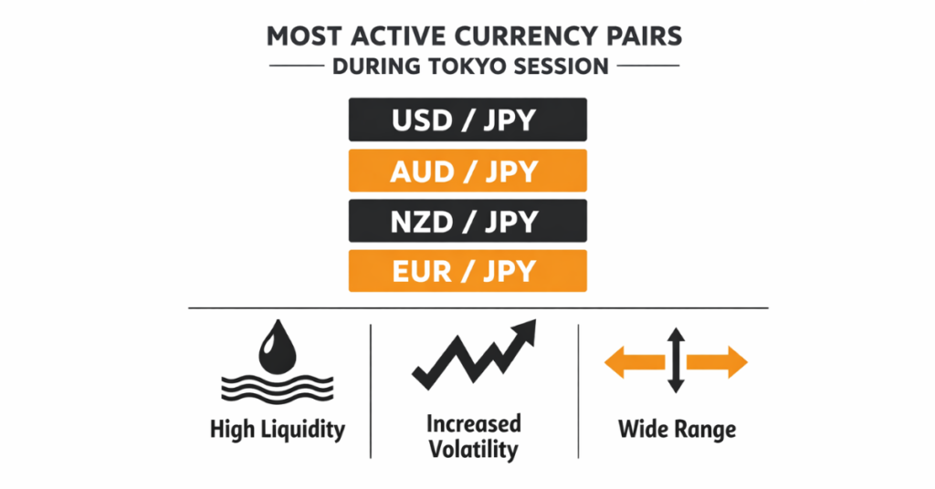 Best currency pairs to trade during Tokyo forex session with liquidity and volatility chart