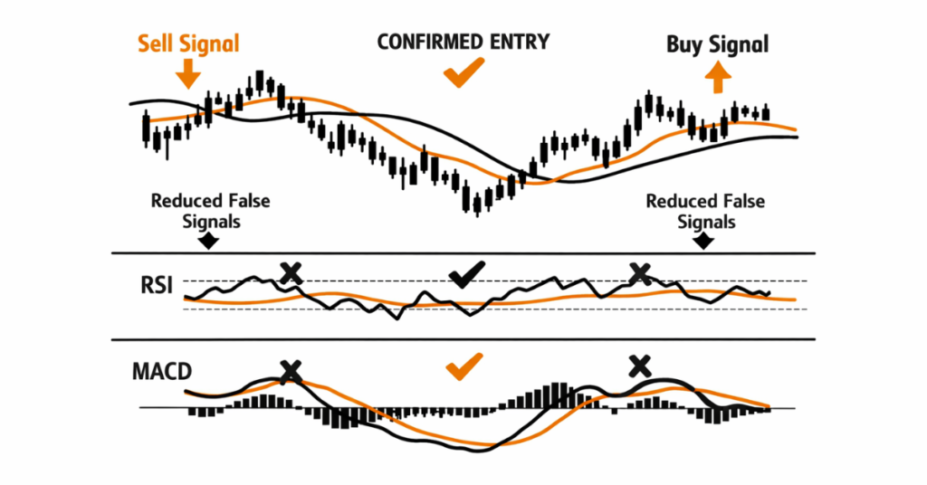 Example of combining multiple trading indicators on a chart for better accuracy