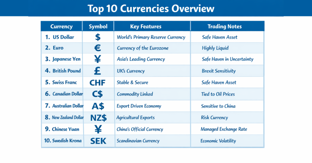 Table showing top 10 currencies with symbols and key trading features