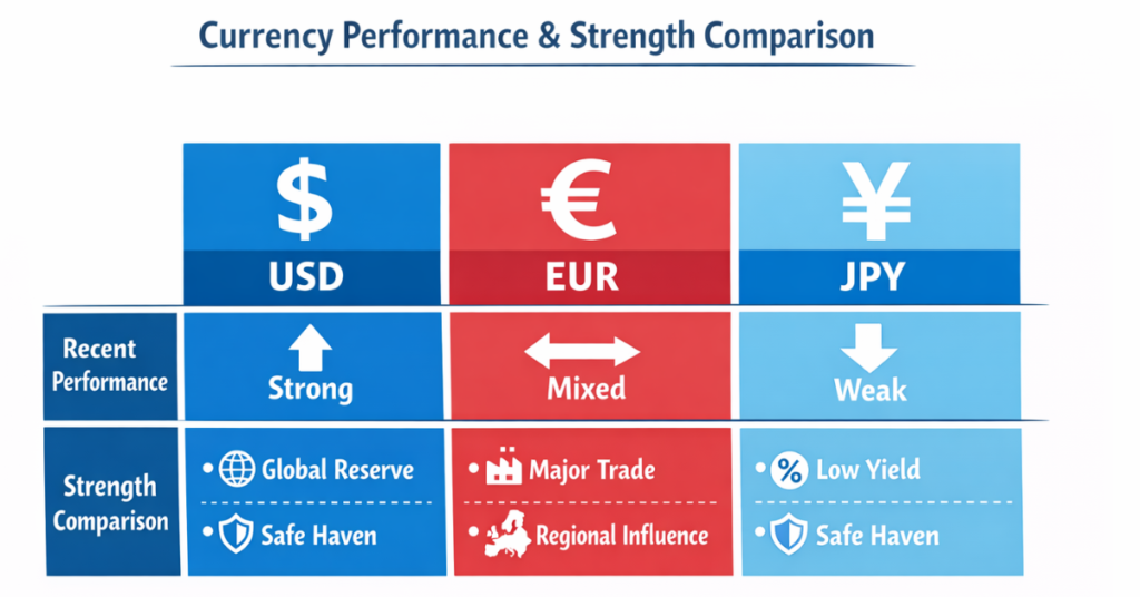 Table showing USD, EUR, and JPY strength comparison