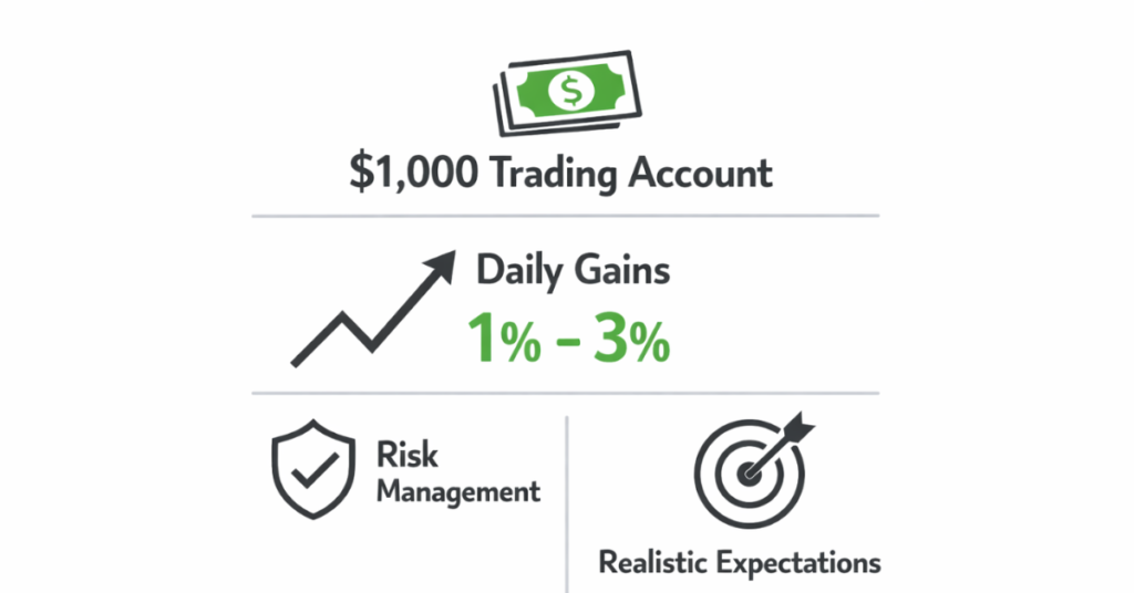 Day trading a $1,000 account with 1–3% daily profit potential