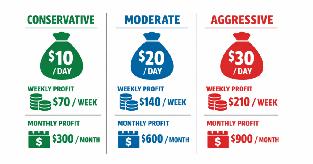 Realistic daily, weekly, and monthly profits for a $1,000 trading account