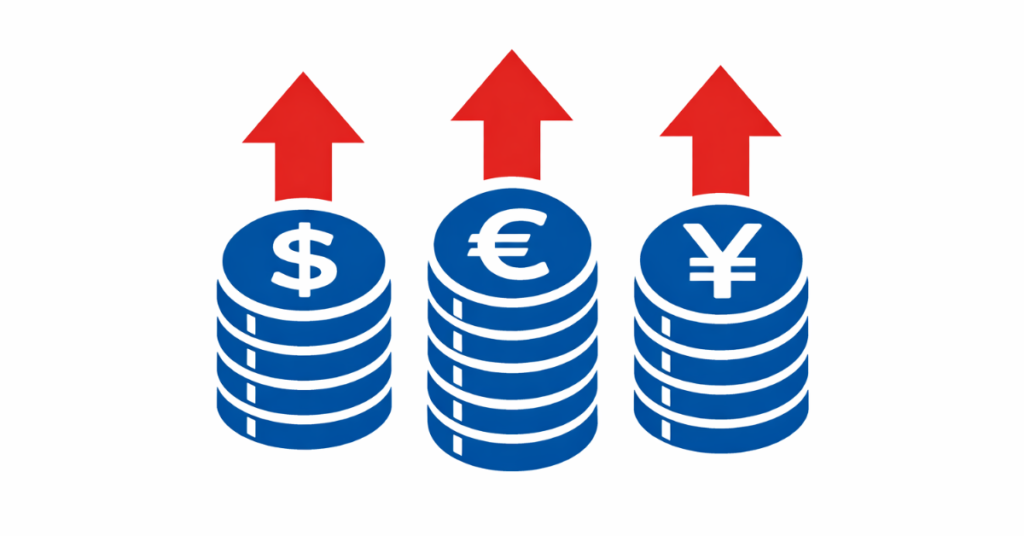 Illustration of the 3 strongest currencies: USD, EUR, JPY