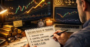Trader analyzing charts with financial icons illustrating golden rules of trading.