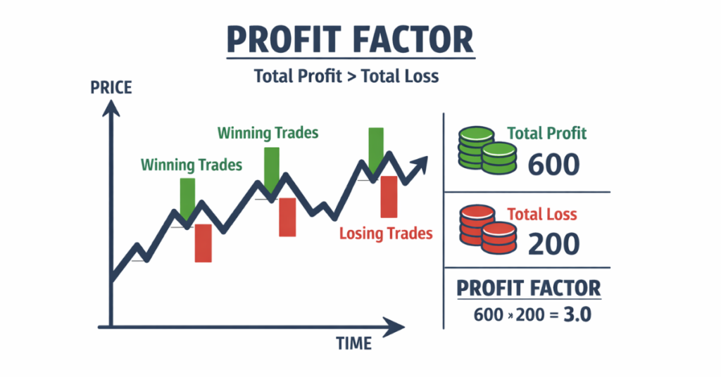 Trading chart showing profitable trades exceeding losses and profit factor concept