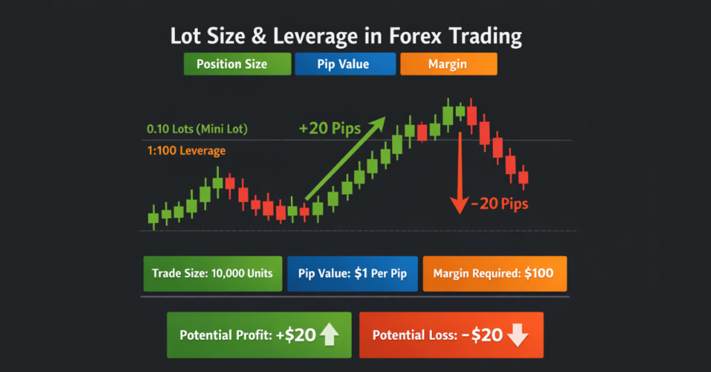 Forex chart illustrating lot size vs leverage effects on pip value and margin