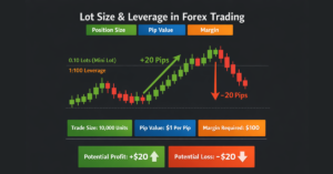 Forex chart illustrating lot size vs leverage effects on pip value and margin