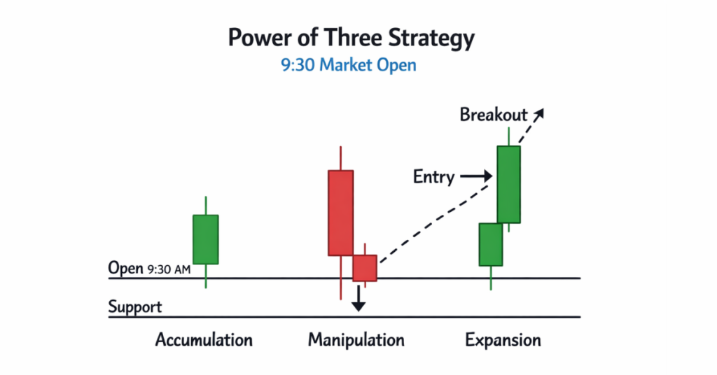 Power of Three strategy with three bars for 9:30 market open trading