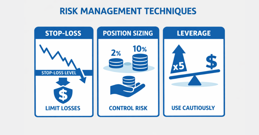 Infographic of risk management strategies including stop-loss, leverage, and position sizing.

